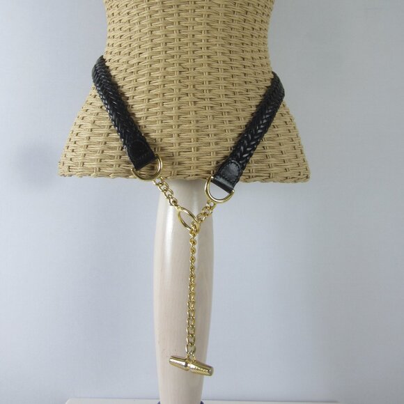 Ralph Lauren Womens M Black Woven Leather Belt Gold  Tone Chain Belth Equestrian - Picture 1 of 10